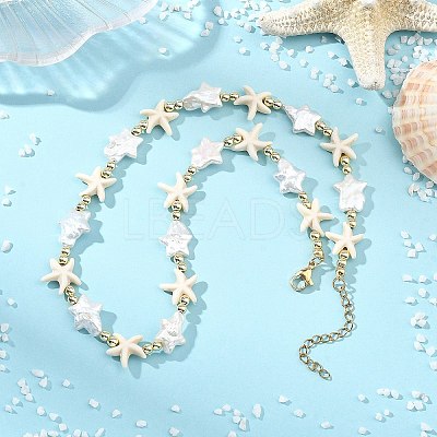 Ocean Synthetic Turquoise Starfish & Natural Baroque Keshi Pearl Star Beaded Necklaces for Women NJEW-JN06314-1