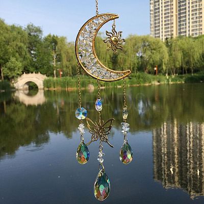 Natural Quartz Crystal Chip & Metal Moon Hanging Suncatchers PW-WG15083-05-1