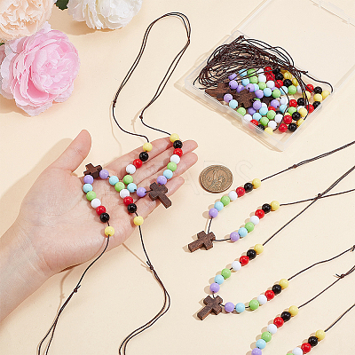 Wood Cross with Acrylic Beaded Pendant Necklaces for Women NJEW-AB00011-1