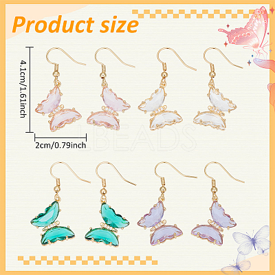 4 Pairs 4 Colors Real 14K Gold Plated Cubic Zirconia Butterfly Dangle Earrings EJEW-AN0003-82-1