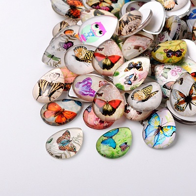 Butterfly Printed Glass Cabochons GGLA-N002-18x25-C-1