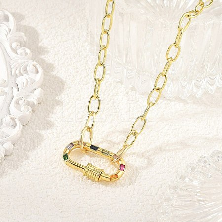 Brass Paperclip Chain Necklaces with Colorful Cubic Zirconia Oval Carabiner Locks for Women NJEW-JN06462-1