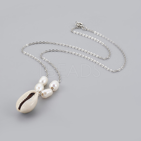 Cowrie Shell Beads Pendant Necklaces NJEW-JN02283-1