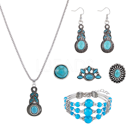 Synthetic Turquoise Pendant Necklace & Bracelet & Earrings Set SJEW-FI0001-15-1