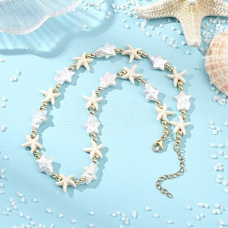 Ocean Synthetic Turquoise Starfish & Natural Baroque Keshi Pearl Star Beaded Necklaces for Women NJEW-JN06314-1
