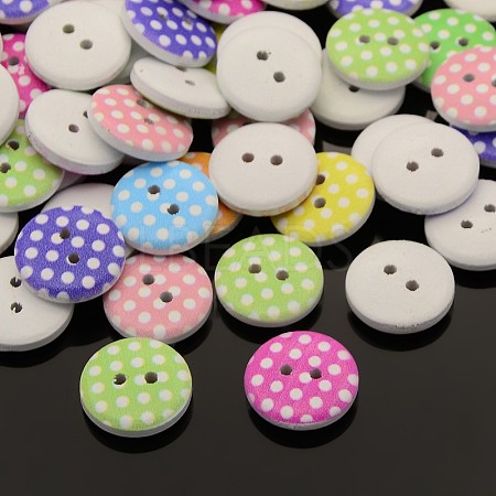 2-Hole Flat Round Polka Dot Printed Wooden Sewing Buttons X-BUTT-M007-M-1
