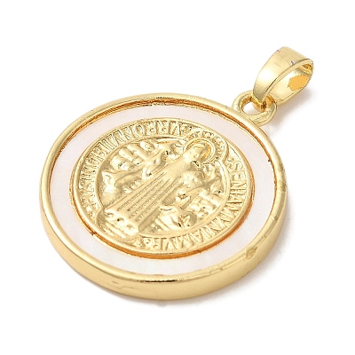 Rack Plating Brass Pave Shell Saint Benedict Medal Pendants KK-L220-026G-1