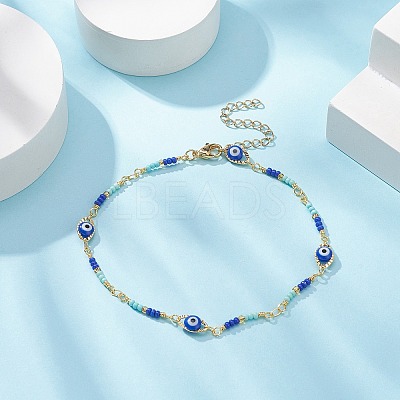 Brass Evil Eye Link Chain Anklet with Glass Beaded AJEW-AN00538-1