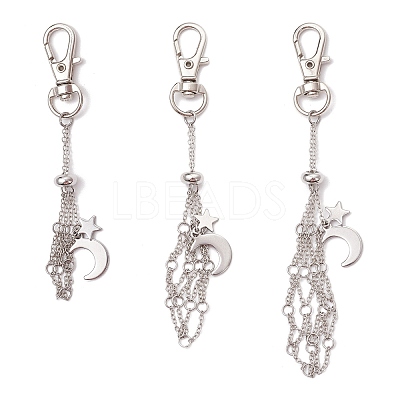 3Pcs Moon & Star Brass Cable Chains Macrame Pouch Empty Stone Holder Pendant Decorations KK-CJA6FD-P-1