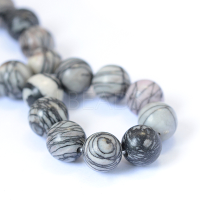 Natural Black Silk Stone/Netstone Round Bead Strands X-G-E334-6mm-05-1