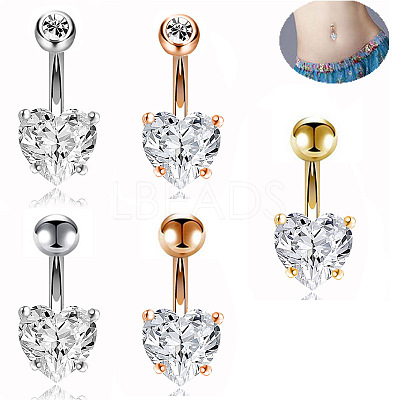 304 Stainless Steel Clear Cubic Zirconia Heart Curved Barbell Belly Rings WG52F32-04-1