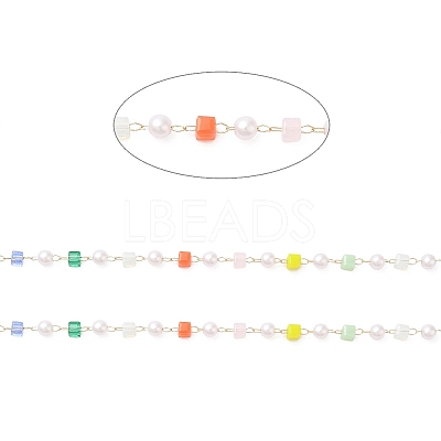 Faceted Cube Glass & ABS Plastic Imitation Pearl Beaded Chains CHS-G026-02KCG-03-1-1