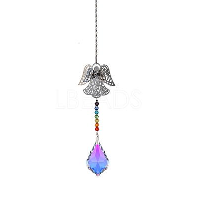 Glass Leaf Sun Catcher Hanging Prism Ornaments with Iron Angel HJEW-PW0002-14B-1