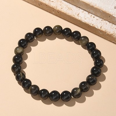 Natural Golden Sheen Obsidian Bead Stretch Bracelets BJEW-K212-B-020-1