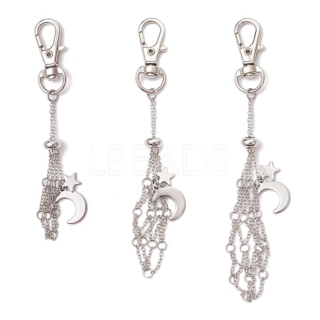 3Pcs Moon & Star Brass Cable Chains Macrame Pouch Empty Stone Holder Pendant Decorations KK-CJA6FD-P-1