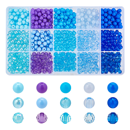 1050Pcs 15 Style Blue Series Transparent & Opaque Acrylic/Plastic Beads MACR-CA0001-10-1