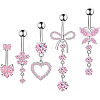 5Pcs 5 Styles 304 Stainless Steel Rose Rhinestone Curved Barvell Dangle Belly Rings Set WGF9938-06-4