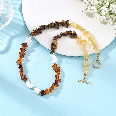 Natural Amber & Tiger Eye & Heated Citrine Chip Beaded Necklaces NJEW-JN06680-1