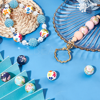30Pcs 5 Styles Round with Flower Food Grade Eco-Friendly Silicone Beads SIL-SC0002-02-1