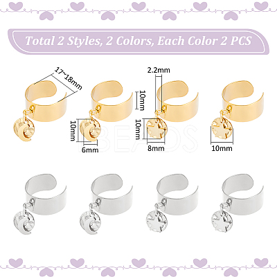 8Pcs 4 Style 304 Stainless Steel Open Cuff Rings Set with Charms RJEW-AB00009-1