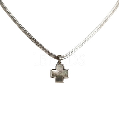 Natural Black Lip Shell Brass Religion Cross Pendant 304 Stainless Steel Flat Snake Chain Necklaces for Unisex WGD3FF7-01-1