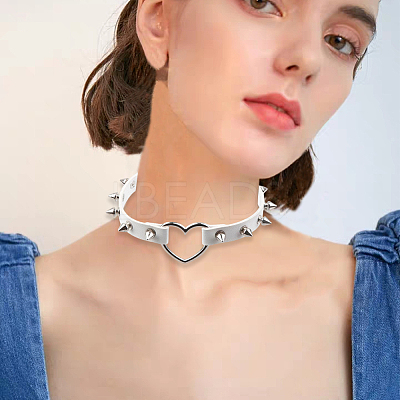 Adjustable Adjustable Gothic PU Leather Alloy Spike Rivet Heart Choker Necklaces for Women NJEW-WH20816-006P-A-1