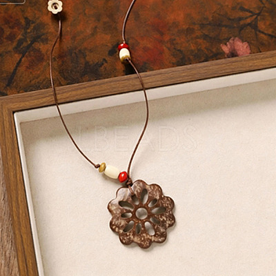 Natural Coconut Pendant Adjustable Leather Cord Long Necklaces with Wood Beads WGC33B1-07-1