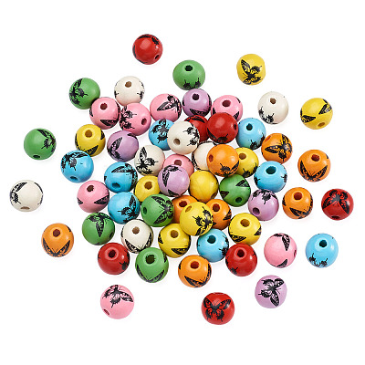 80Pcs 8 Colors Printed Natural Wood Beads WOOD-FW0001-09-1
