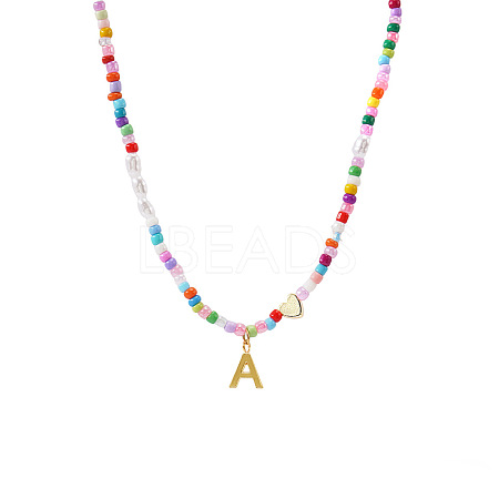 Colorful Beaded Heart Letter Necklace with Pearl Elements Stainless Steel Pendant Jewelry TR2146-1-1