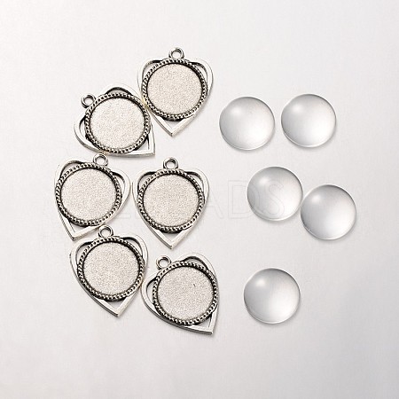 18x4mm Transparent Clear Glass Cabochons and Antique Silver Alloy Heart Pendant Cabochon Settings DIY-X0183-AS-1