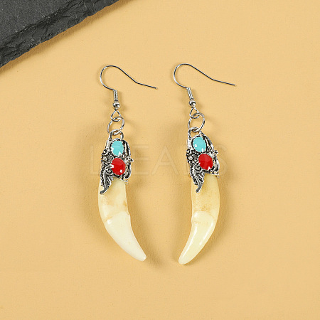 Natural Gemstone Wolf Tooth Shape Dangle Earrings with Real Tibetan Mastiff Dog Tooth FX9729-2-1