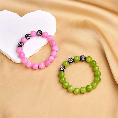 Hot Pink Gold Natural Yellow Jade Round Beaded Stretch Bracelet BJEW-SW00077-05-1