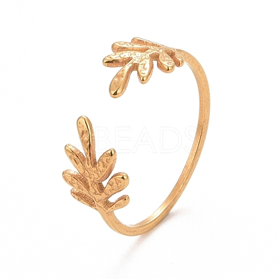 Ion Plating(IP) 304 Stainless Steel Leaf Open Cuff Ring for Women RJEW-C025-24G-1
