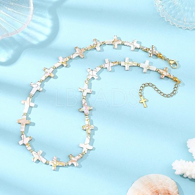 Drawbench Style Natural Freshwater Shell Religion Cross Beaded Necklaces for Women NJEW-JN06648-1