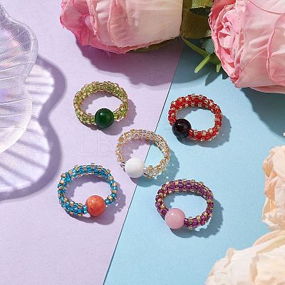 Glass Seed Beaded Stretch Finger Rings RJEW-MZ00019-1