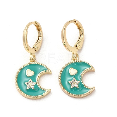 Moon & Star Golden Brass Dangle Leverback Earrings EJEW-L268-029G-03-1