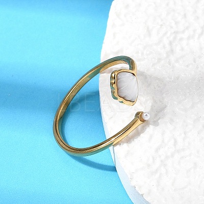 304 Stainless Steel & Natural Shell & Imitation Pearl Cuff Rings for Women RJEW-G372-01G-07-1