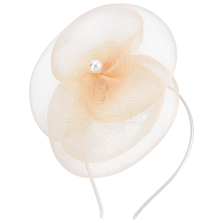 Hat Flower Mesh Organza Feathers on a Hair Band Party Headwear for Girls and Women OHAR-WH0051-009-1