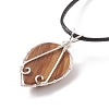 Natural Picture Jasper Leaf Cage Pendant Necklace with Waxed Cords NJEW-TA00035-04-5