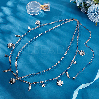 Alloy Moon Sun Star Double Layer Tassel Waist Chains AJEW-GF0013-25P-1