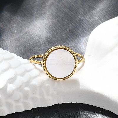 Flat Round 304 Stainless Steel White Shell Cuff Rings for Women RJEW-G346-10G-02-1