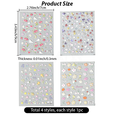 4Pcs 4 Styles Flower Pattern Self Adhesive PET Nail Art Stickers Decals MRMJ-SP0001-19-1