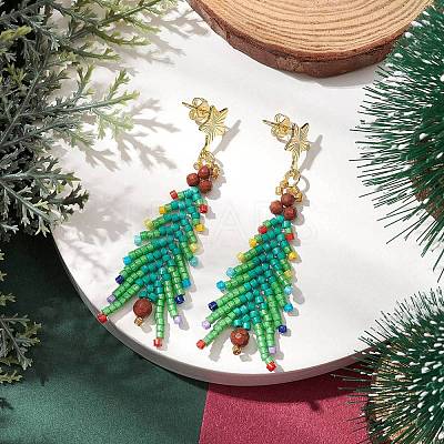 Christmas Tree Natural Red Jasper & Glass Seed Beads Dangle Stud Earrings for Women EJEW-MZ00157-1