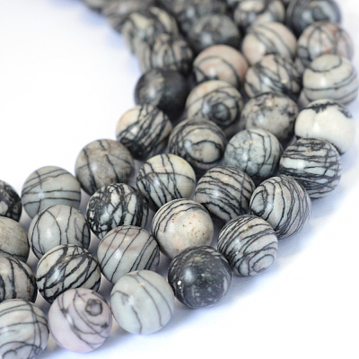 Natural Black Silk Stone/Netstone Round Bead Strands X-G-E334-10mm-05-1