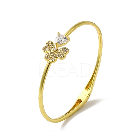 Rack Plating Brass Pave Clear Cubic Zirconia Clover & Heart Hinged Bangles BJEW-H616-01G-1