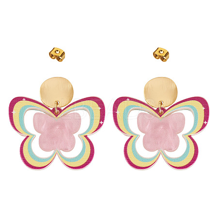 Brass Printing Acrylic Butterfly Dangle Stud Earrings EJEW-TA00672-1