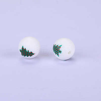 Christmas Printed Round with Christmas Tree Pattern Silicone Focal Beads SI-JX0056A-120-1