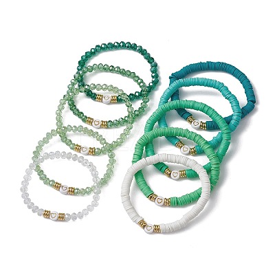 10Pcs Polymer Clay Disc & Glass & Brass Beaded Stretch Bracelets Set BJEW-JB09676-04-1