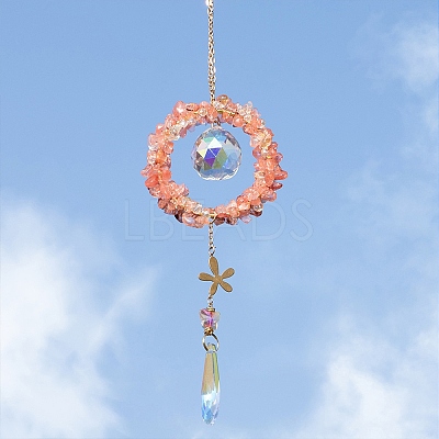 Watermelon Stone Glass Web with Feather Wall Hanging Decoration PW-WG28944-01-1