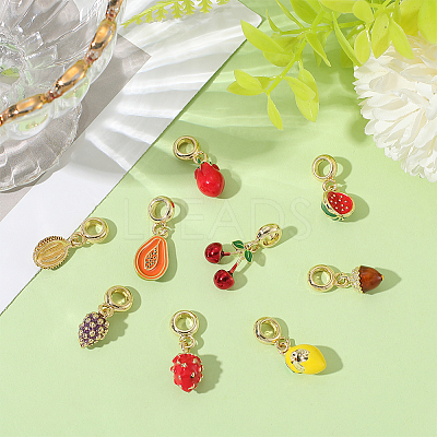 9Pcs 9 Styles Brass Enamel Fruit European Dangle Charms OPDL-BBC0001-04G-1